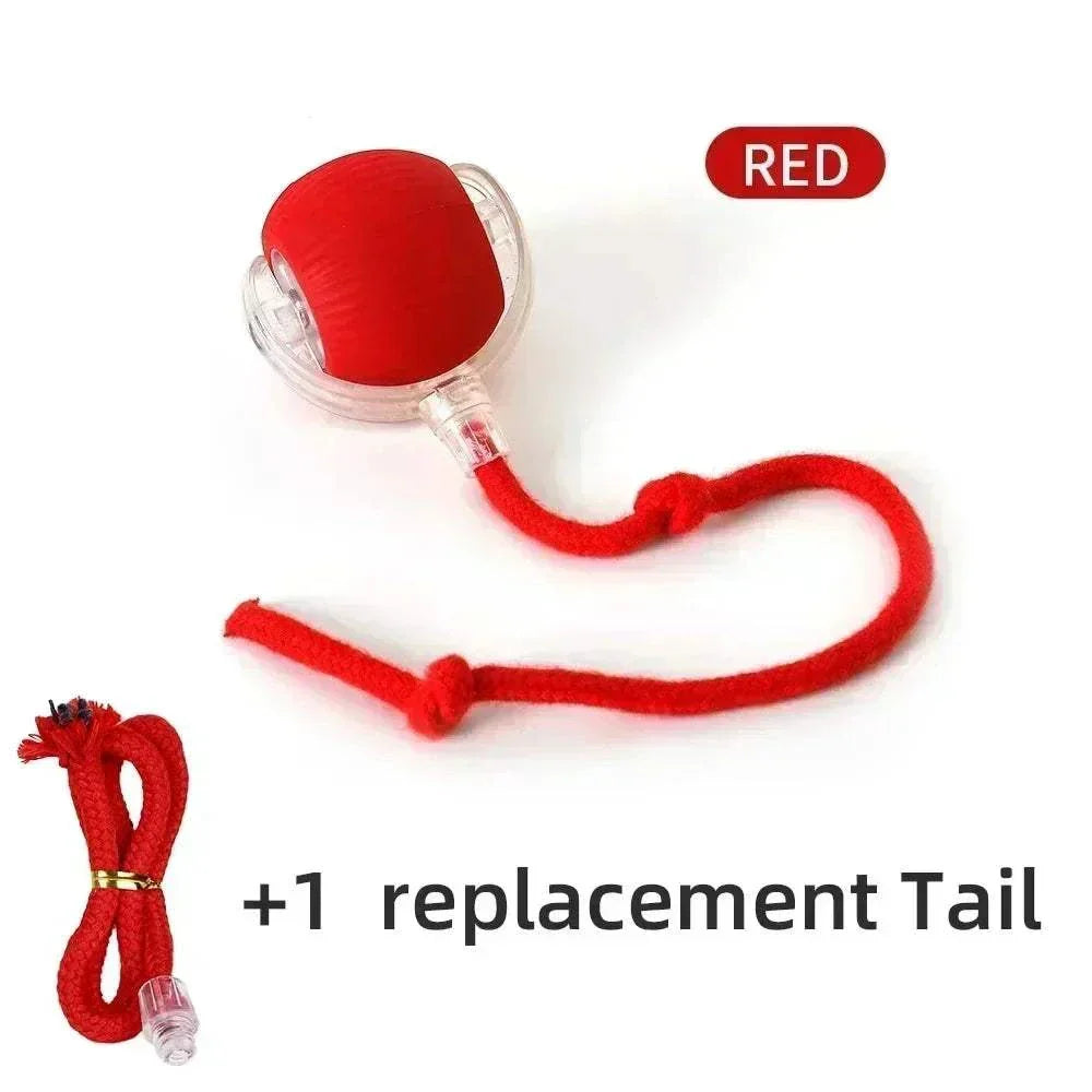 Red rechargeable smart rolling ball toy for pets with replacement tail included.