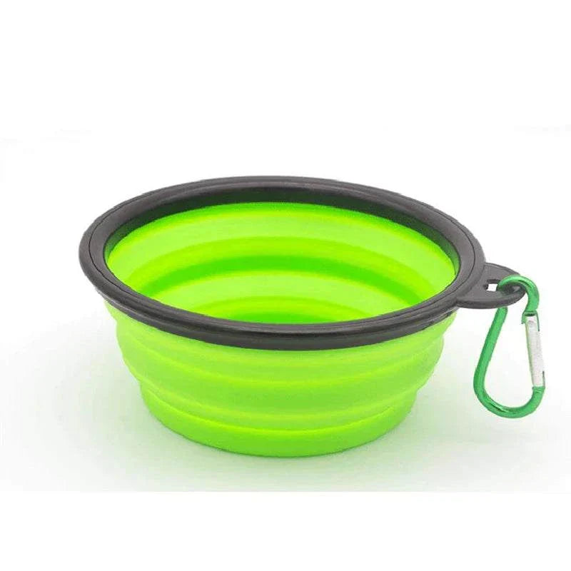 Folding portable silicone dog feeder bowl with carabiner, 2-in-1 food and water dispenser.