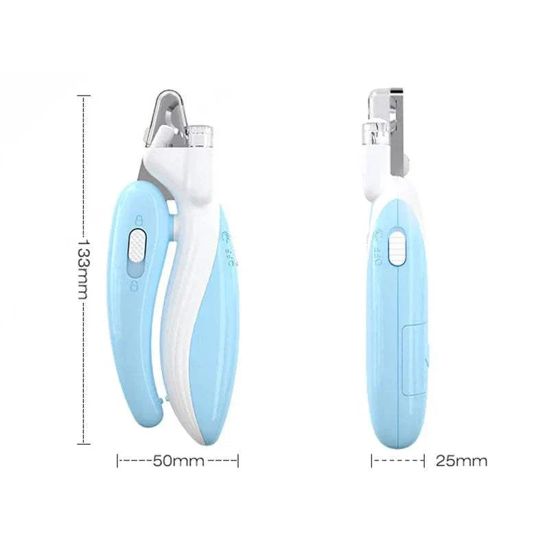 LED pet nail clippers for dogs, cats, and small animals made of stainless steel.