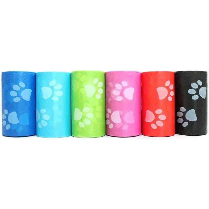 Colorful 120 rolls of dog poop bags with paw print design for outdoor pet waste management, 15 bags per roll.