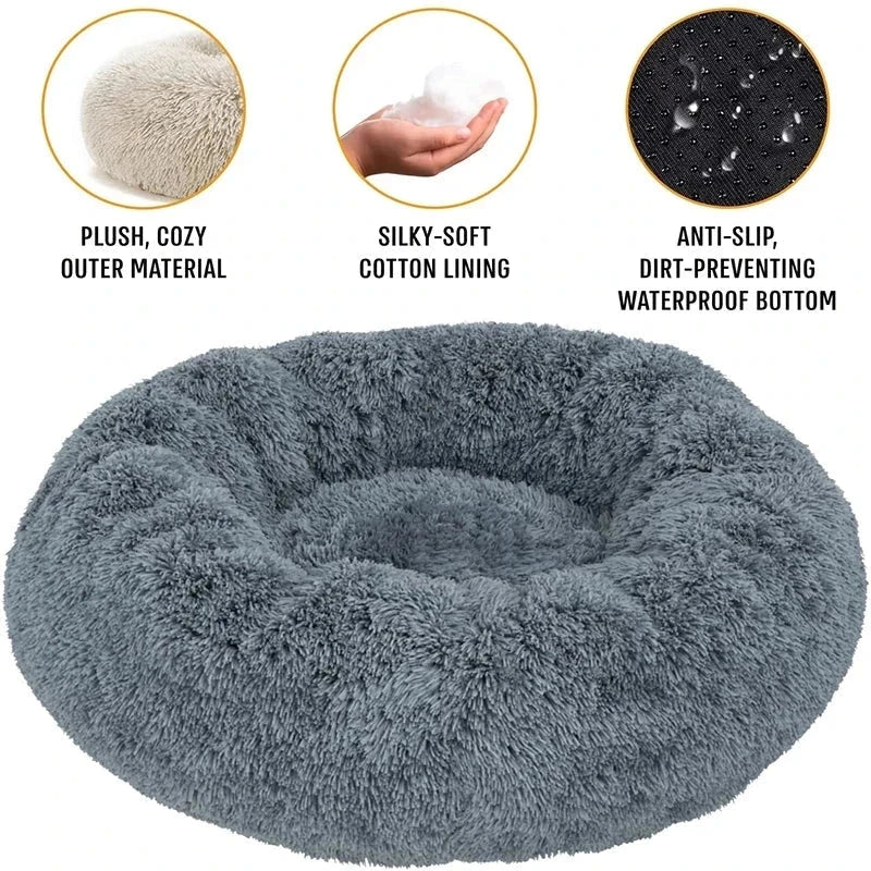 Plush round pet bed for cats and dogs, corduroy material, eco-friendly design, 40-90cm size.