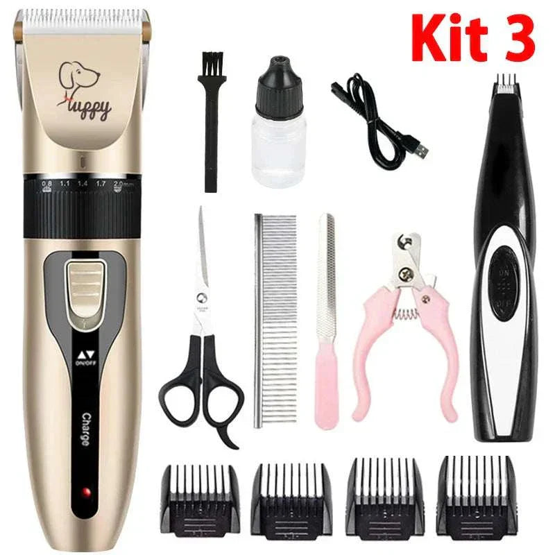 Rechargeable electric pet clipper grooming kit with accessories for dogs and cats.