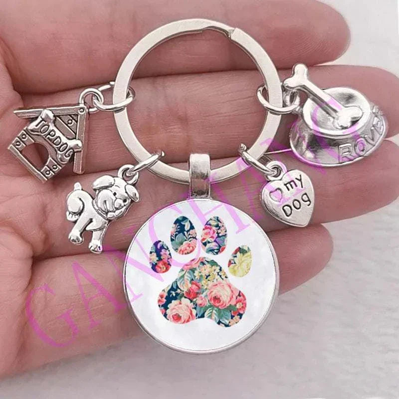 Cute Dog keychain with floral glass pendant and silver charms.