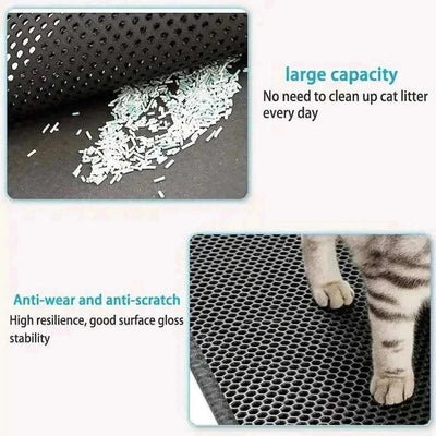 Double-layer cat litter mat showing large capacity for trapping litter and anti-scratch surface with a cat stepping on it.