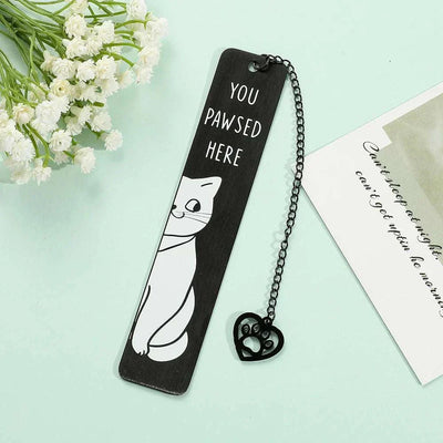 Cute black metal cat bookmarks with "You Pawsed Here" text, stainless steel design.