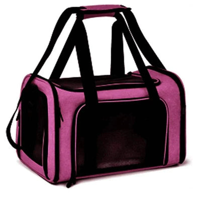 Airline-approved dog and cat carrier bag, pink breathable nylon for small pets.
