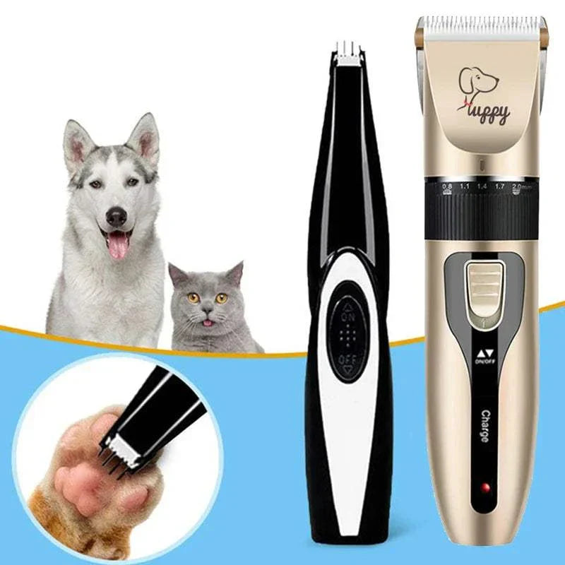 Rechargeable electric pet clipper for dogs and cats with professional grooming kit.