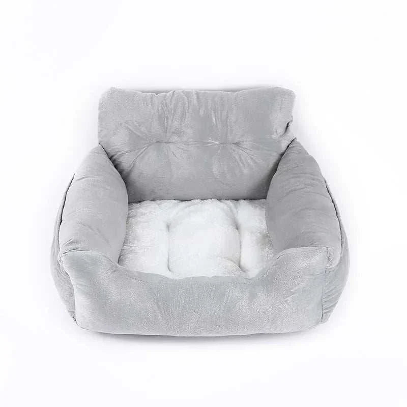 Gray car seat cover for small dogs, travel pet carrier bed, breathable polyester material.
