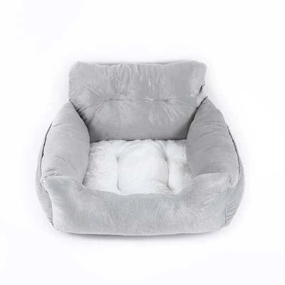 Gray car seat cover for small dogs, travel pet carrier bed, breathable polyester material.