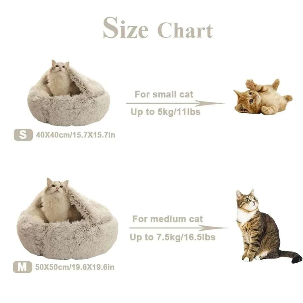 Warm plush round pet bed for cats, eco-friendly, available in sizes for small and medium cats, fleece material from Zhejiang, China.