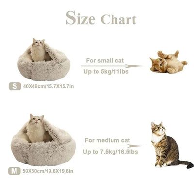 Warm plush round pet bed for cats, eco-friendly, available in sizes for small and medium cats, fleece material from Zhejiang, China.