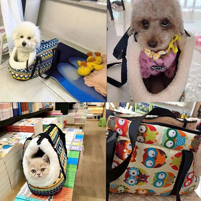 Portable dog backpack carrier for small to medium pets with owl print design.