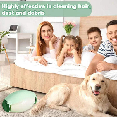 Washable lint roller for removing pet hair and dust from clothes, shown with a family and a pet dog. reusable lint remover