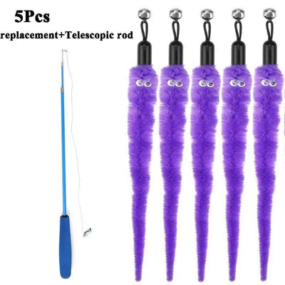 Plush cat toy replacement heads with telescopic rod, featuring purple worm-shaped accessories for cat sticks, set of 5.