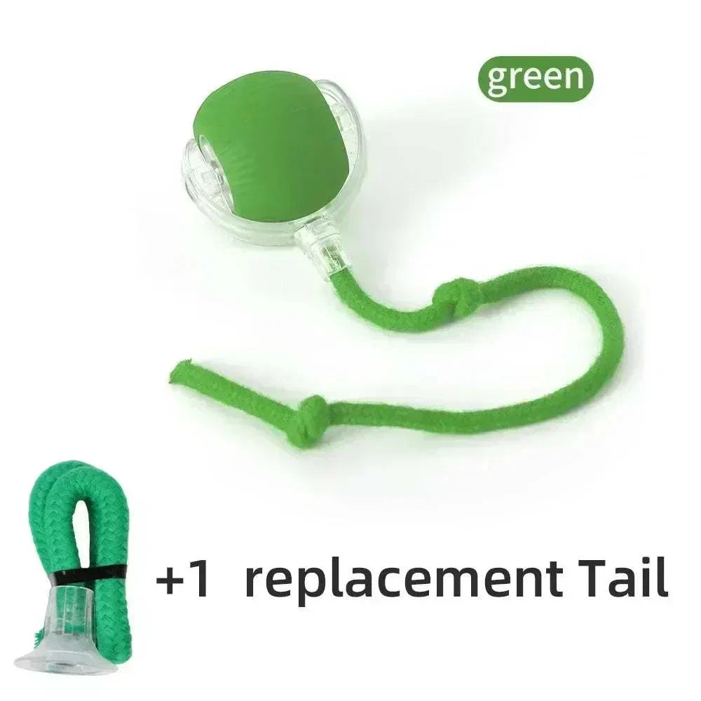 Rechargeable smart rolling ball toy for pets with green plush tail and replacement tail attachment.