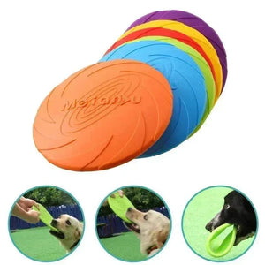 Multicolor silicone frisbee dog toy for interactive play and chewing.