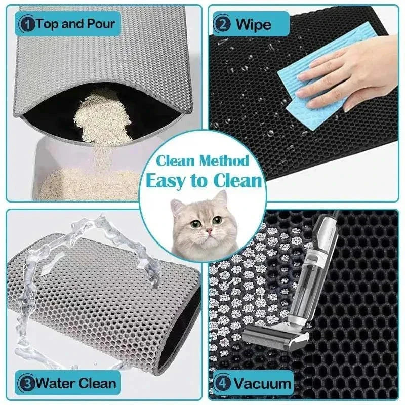 Double-layer cat litter mat demonstrating easy cleaning methods: top and pour, wipe, water clean, vacuum. dog food mat waterproof