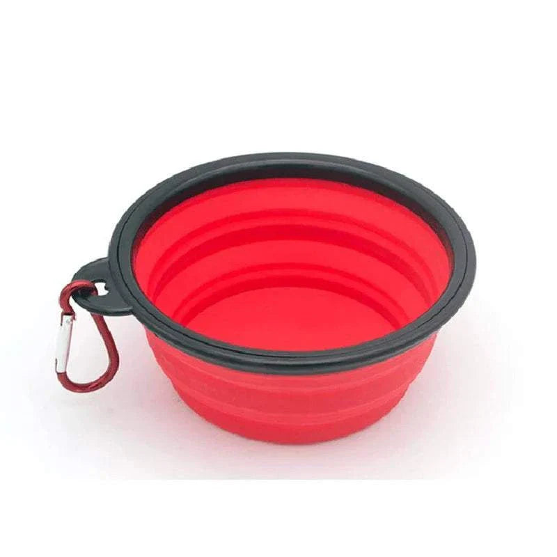 Folding portable silicone dog feeder bowl with carabiner, 2-in-1 food and water dispenser, red.