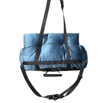 Car seat cover for small dogs, travel pet carrier bed, gray polyester.