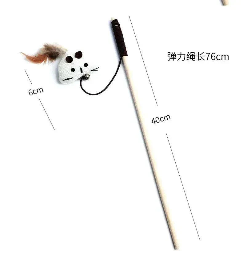 Colorful feather cat wand toy with wooden rod and mouse decoration.