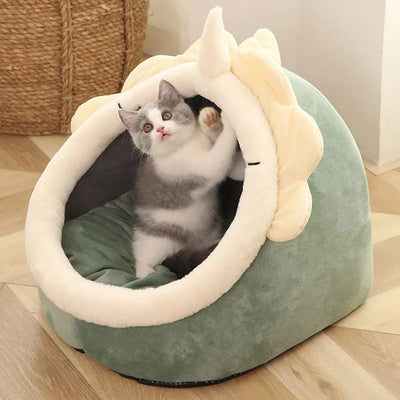 Self-warming foldable pet tent bed for cats and small dogs, made of 100% cotton. Dog tent bed