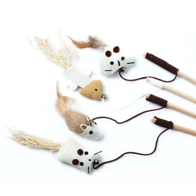 Colorful feather cat wand toy with wooden rod and mouse-style design.