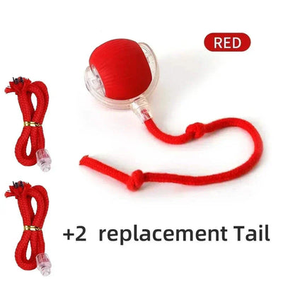 Red rechargeable smart rolling ball toy with two replacement tails for pets, ideal for cats and dogs.