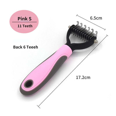 Professional pet deshedding brush with fur remover and knot cutter for dogs and cats, featuring stainless steel teeth.