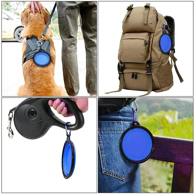 Folding portable silicone dog feeder bowl with carabiner attached to backpack and belt.