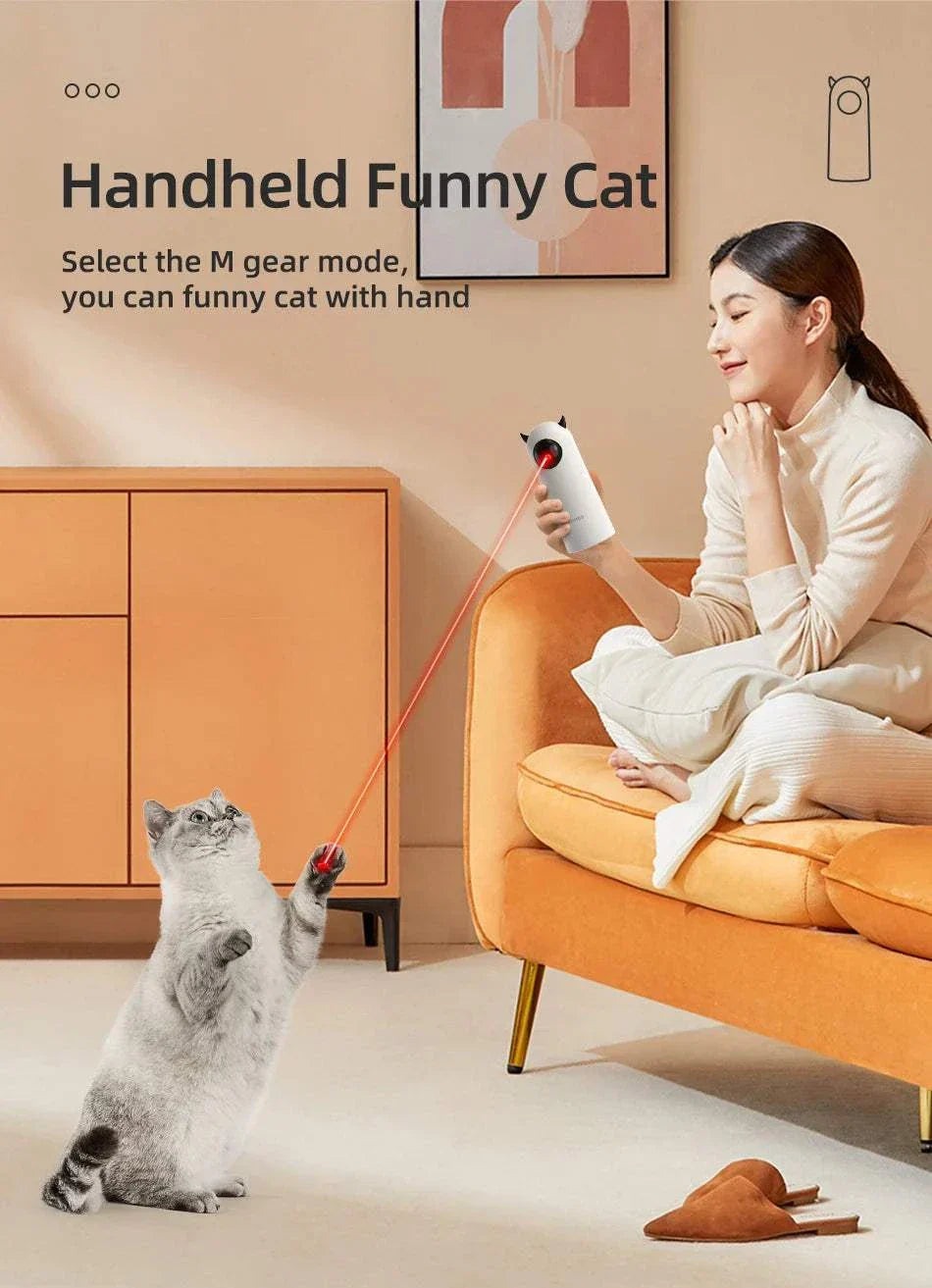 ROJECO Automatic LED Laser Toy for Cats & Dogs in use, woman playing with cat.