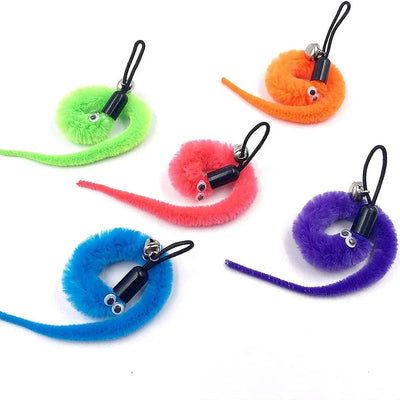 Colorful plush cat toy replacement heads with worm design for cat sticks, interactive feather accessories.