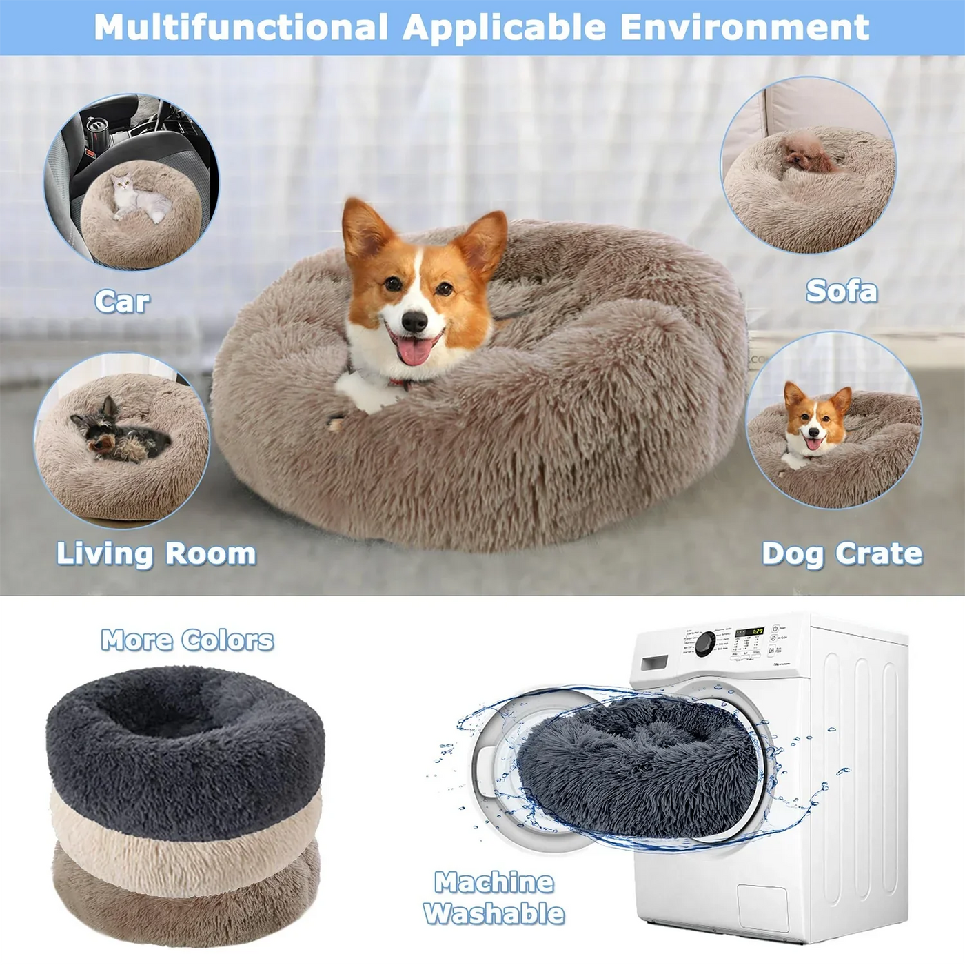 40-90cm plush round pet bed for cats and dogs, eco-friendly corduroy material, machine washable.