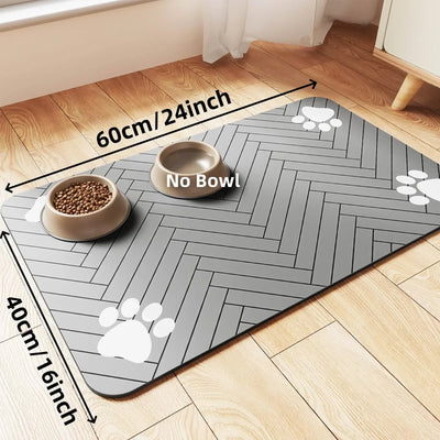 Absorbent dog feeding mat with paw print design, waterproof and quick-dry, measuring 60cm by 40cm, ideal for food and water bowls.