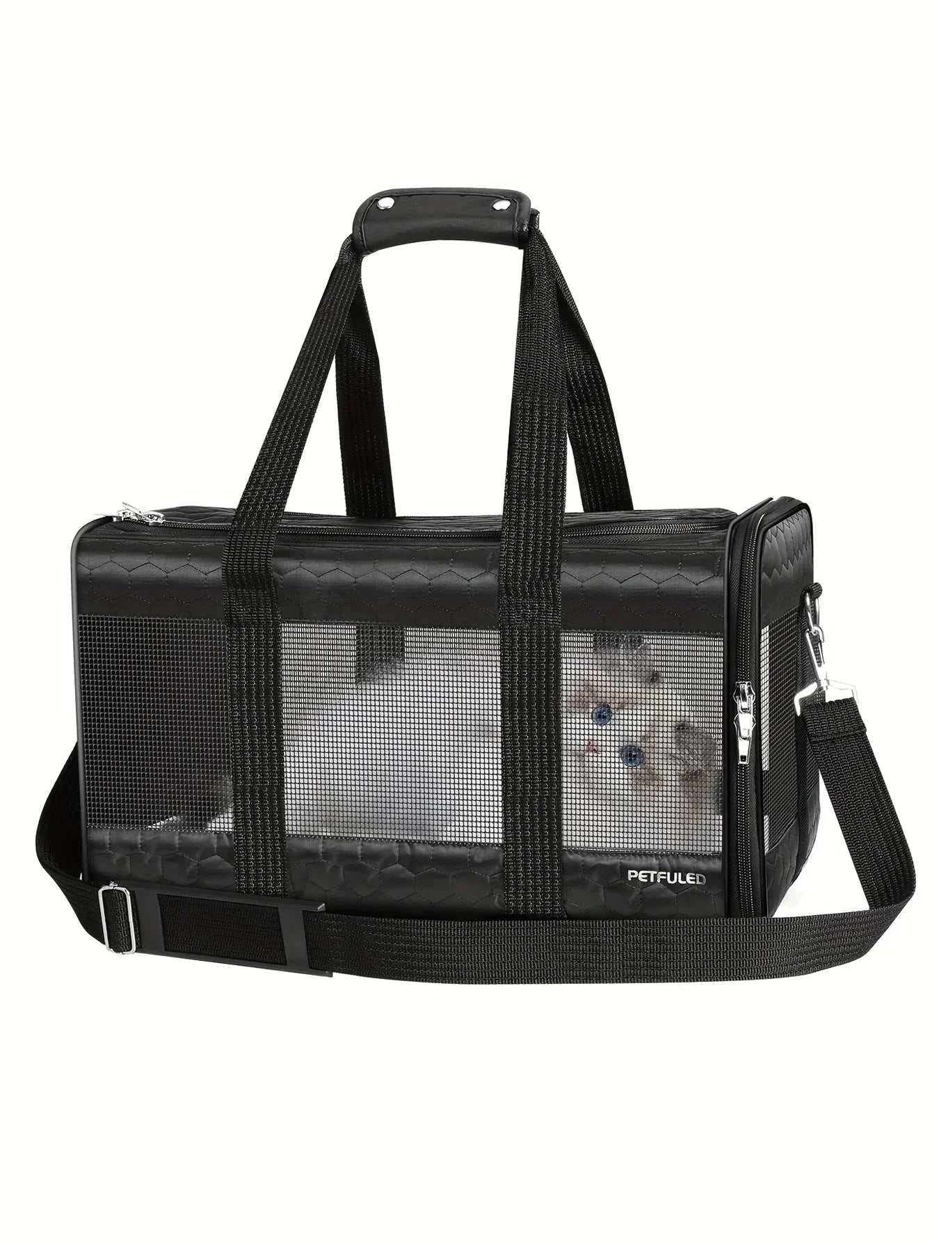 TSA airline approved dog carrier for small pets, black polyester design, breathable mesh.