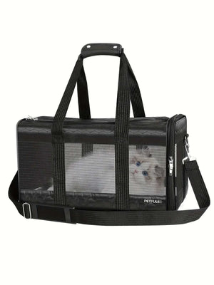 TSA airline approved dog carrier for small pets, black polyester design, breathable mesh.