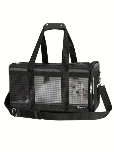 TSA airline approved dog carrier for small pets, black polyester design, breathable mesh.