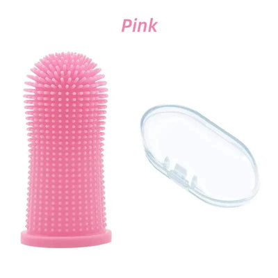 Pink fingertip toothbrush for dogs with a transparent storage case, part of the 2pcs Pet Dog Tooth Cleaner Kit.