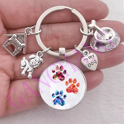 Cute dog keychain with glass pendant, antique silver plated charms, unisex.