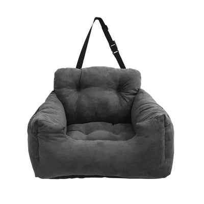 Gray car seat cover for small and medium dogs, breathable travel sofa and pet carrier bed for front and back seats.