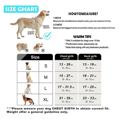 Size chart for no pull dog harness, adjustable soft padded pet vest with easy control handle, featuring measurements for chest and neck girth suitable for dogs over 15 lbs. soft padded dog harness