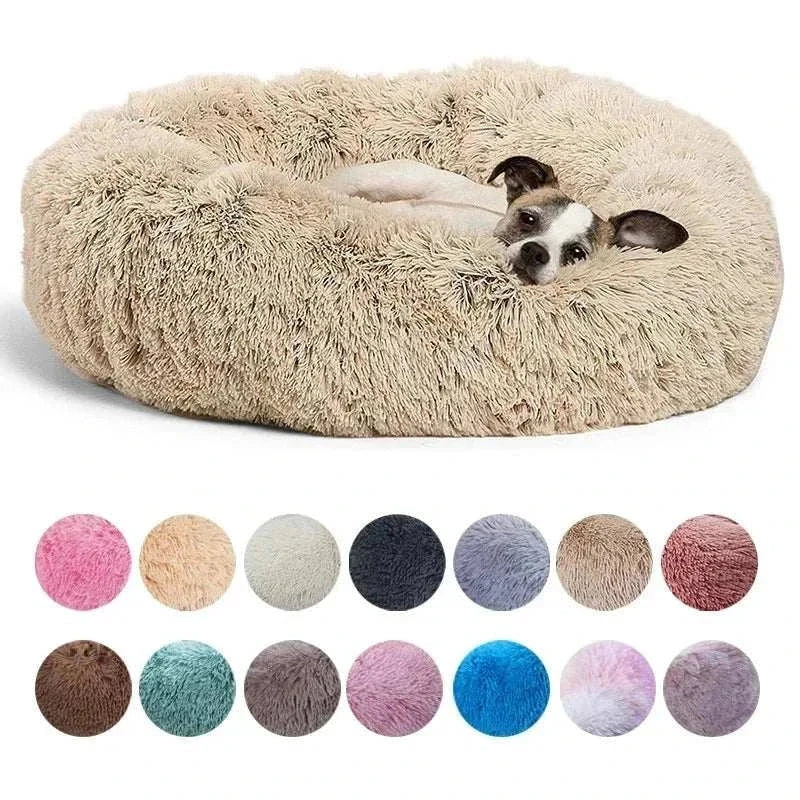 Plush round pet bed for cats and dogs with soft corduroy material, available in multiple colors. round dog bed