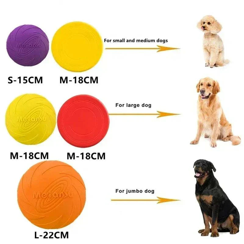 Multicolor silicone frisbee dog toy in various sizes for different dog breeds.