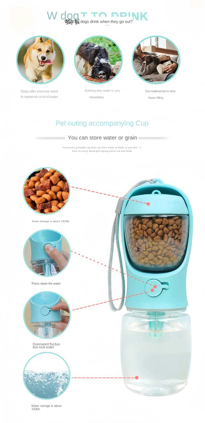 Portable pet water bottle with food storage, ideal for dogs and cats during outdoor travel.