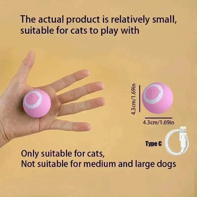 Rechargeable Smart Rolling Ball Toy for cats with USB Type-C cable, pink, 4.3 cm diameter.