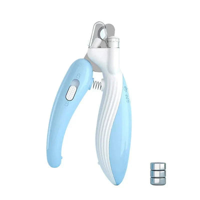 LED pet nail clippers for dogs, cats, and small animals, with stainless steel blades and ergonomic design.