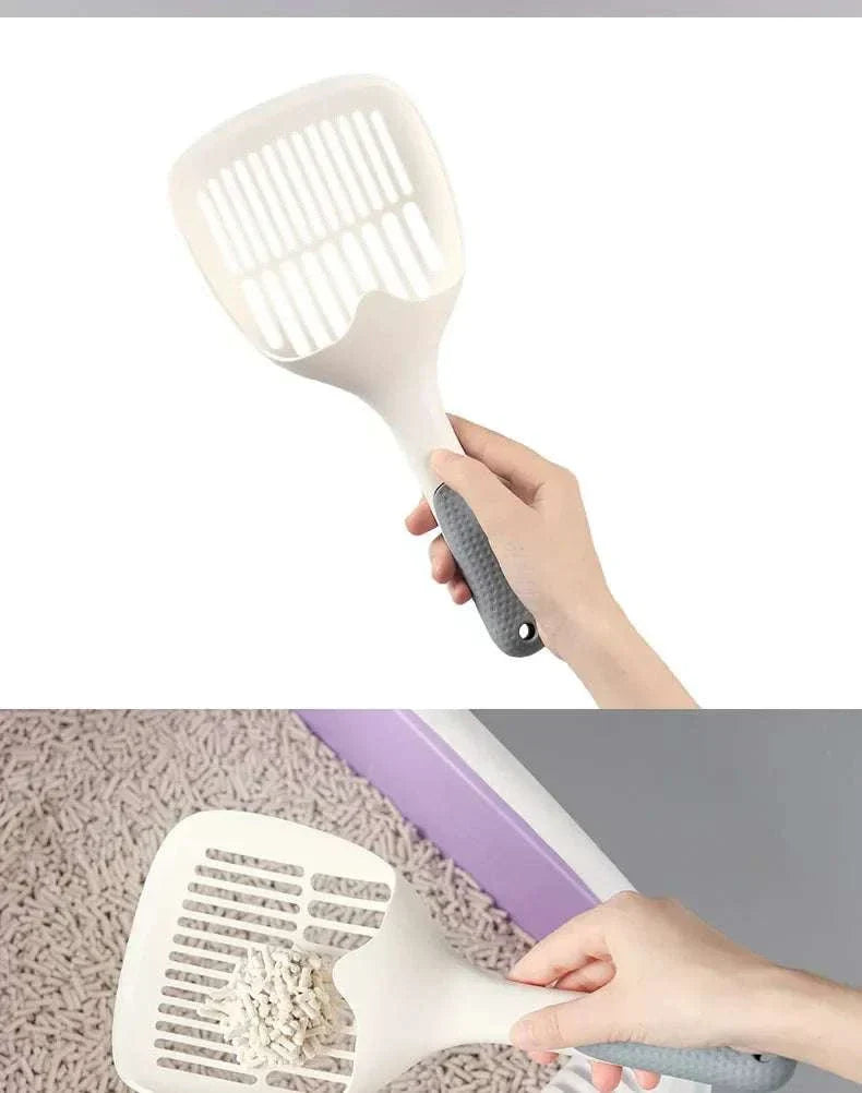 Durable large cat litter scoop in use for easy waste removal.