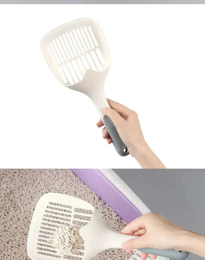 Durable large cat litter scoop in use for easy waste removal.