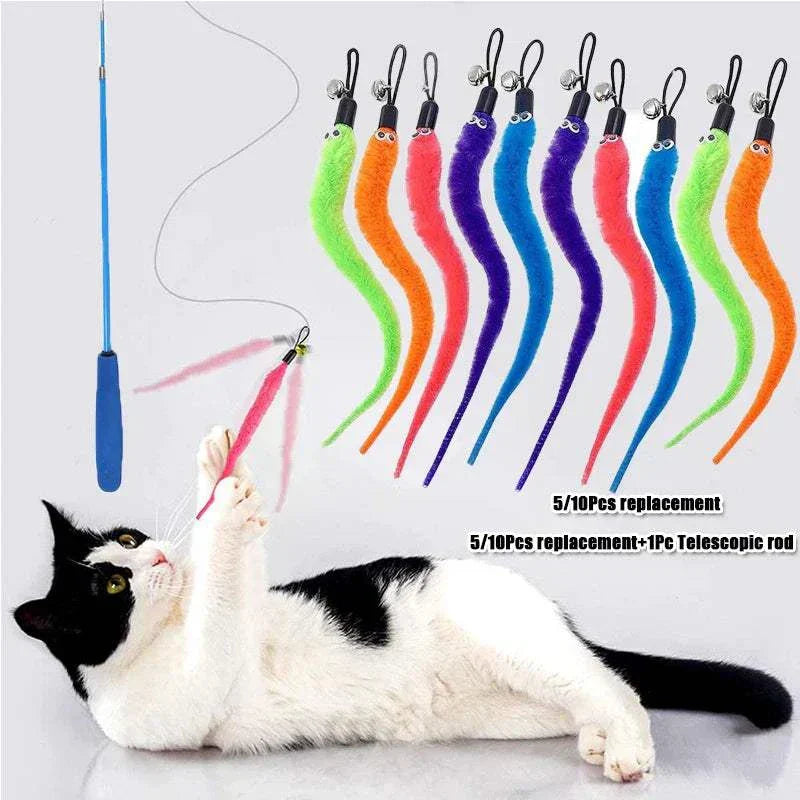 Plush cat toy replacement heads with colorful worm accessories and stick, interactive cat feather wand set.