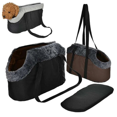 Soft fleece dog carrier backpack for small dogs and cats in black and brown, windproof and portable.