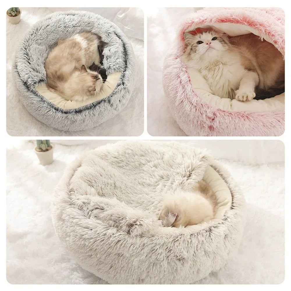 Warm plush round pet bed for cats and small pets, eco-friendly design.